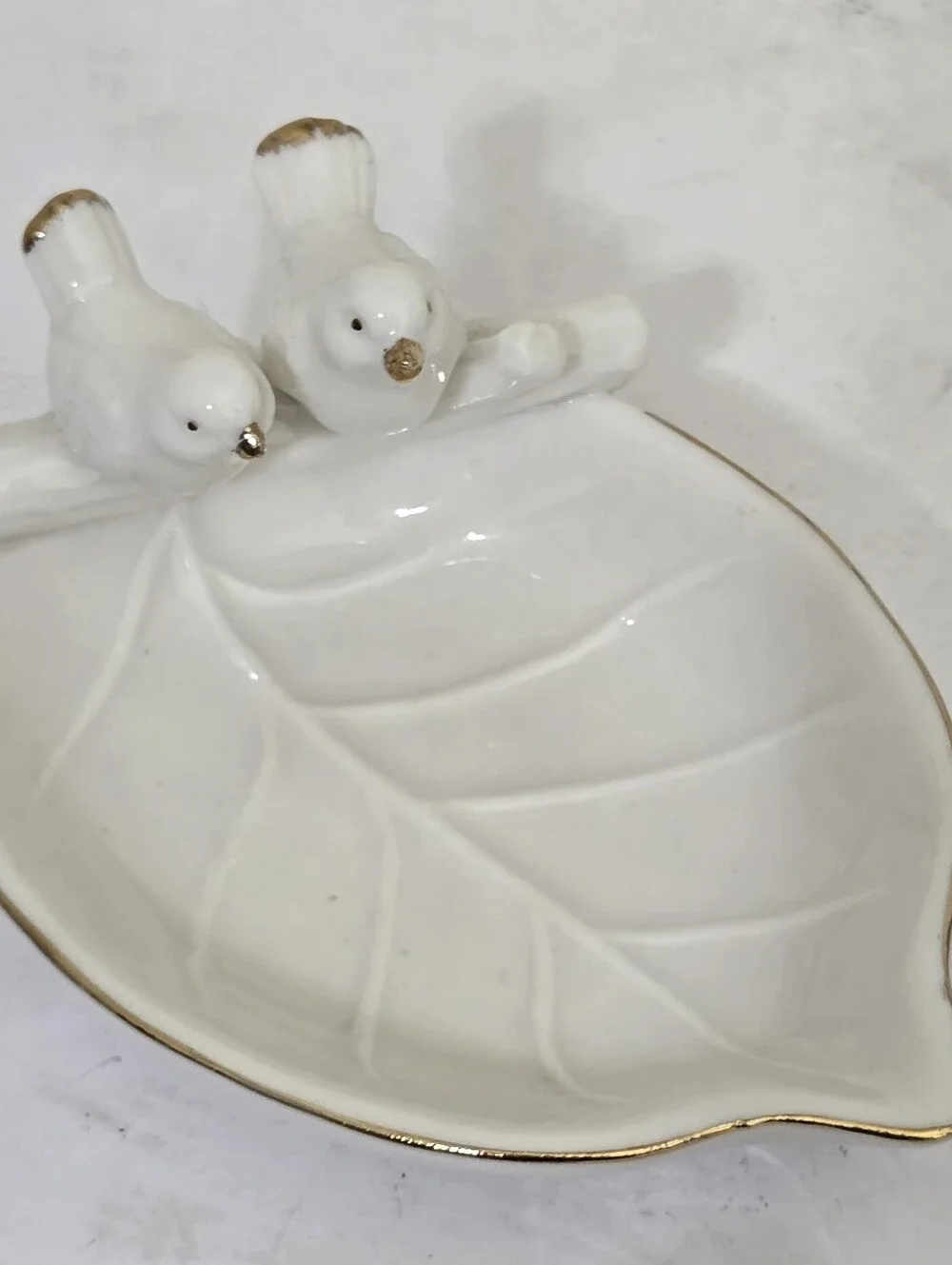 vintage PIER 1 imports Trinket Tray Two Birds Porcelin White Gold Trim